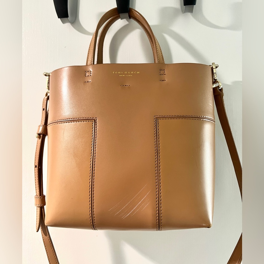 Tory Burch Smooth Leather Convertible Camel Brown Cross Body Bag